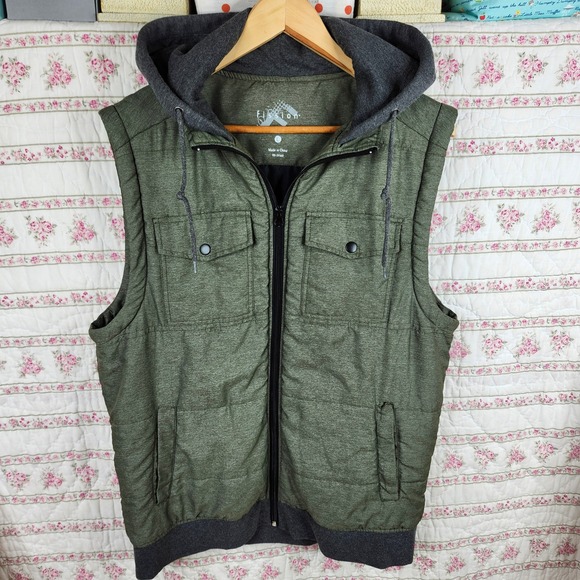 Fission Puffer Vest Full Zip Hooded Sleeveless Jacket Olive Green Mens L - Picture 1 of 6